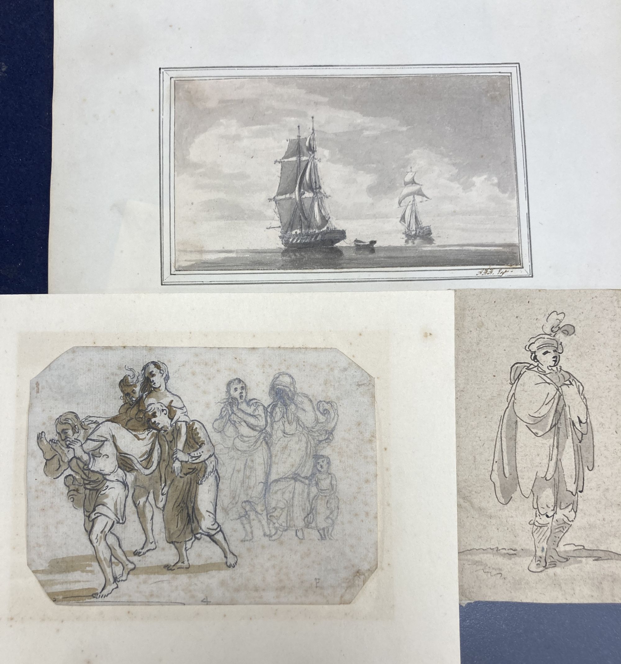Two 18th century Old Master ink and wash drawings and a 19th century study of shipping on a calm sea, 13 x 8cm, 11 x 15cm and 9 x 15cm,